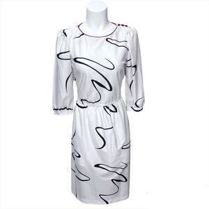 𝅺vintage 80s Sears:The Fashion Place White & Black Swirly Abstract Print Dress